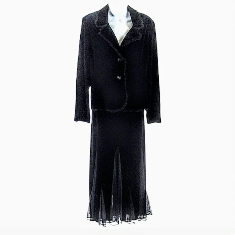 Xscape by Joanna Chen two piece special occasion black velour Jacket and Skirt